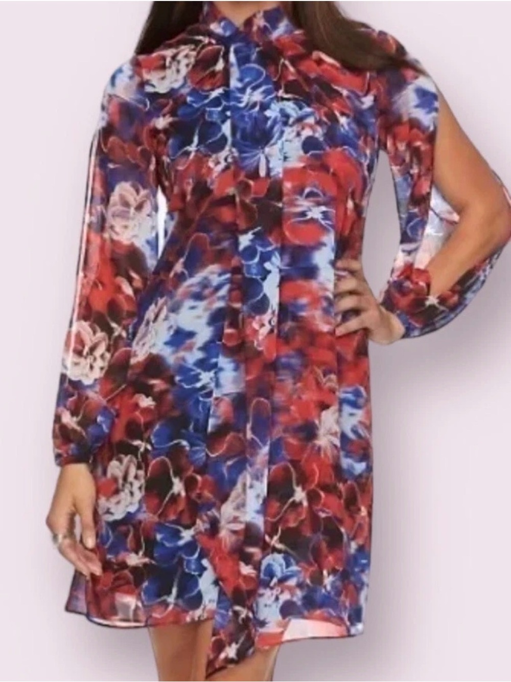 Jennifer Lopez Red & Blue Floral Tie-Neck Long Sleeve Dress NWT 10